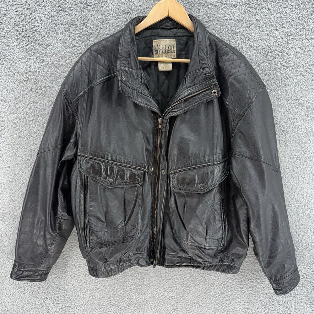 Vintage CITY STREETS Leather Jacket Mens XL Black Full Zip Deep Button Pockets‎